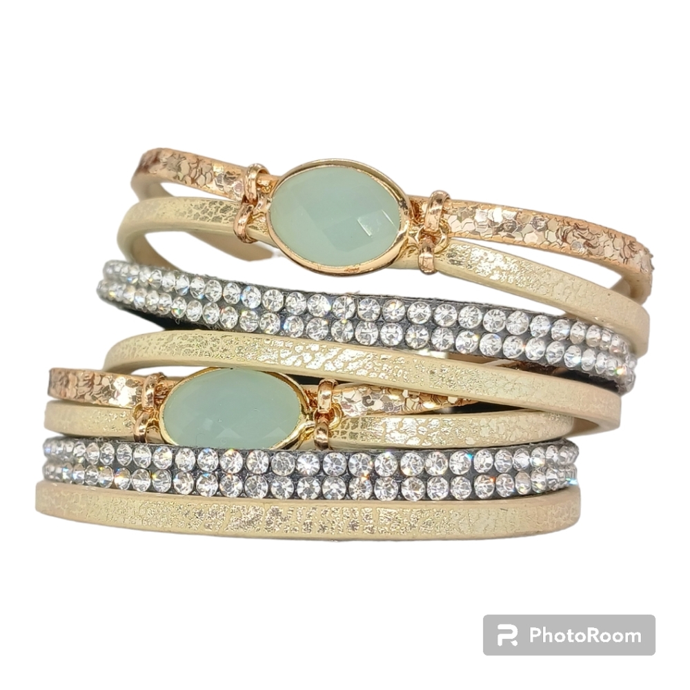 Plus-Size Available! Leather and crystal rhinestone cuff wrap bracelet
